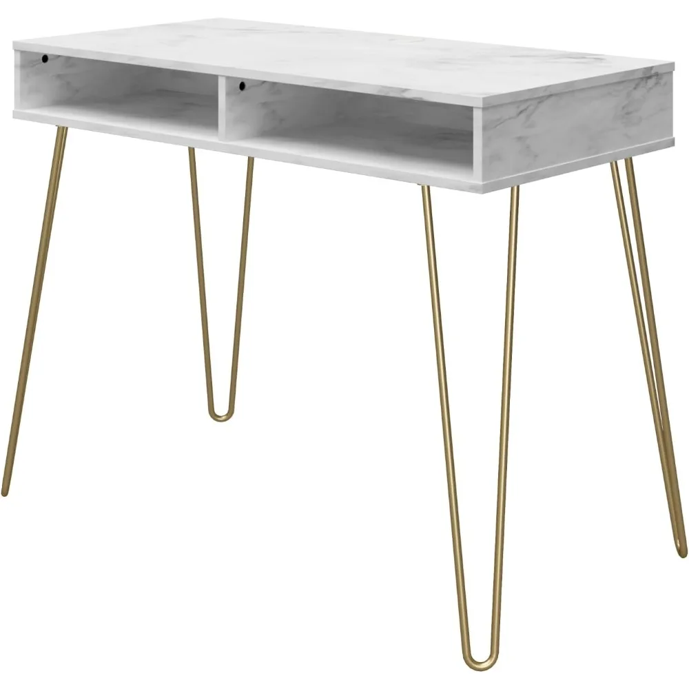 Escritorio moderno con apariencia de mármol blanco y espacio de almacenamiento