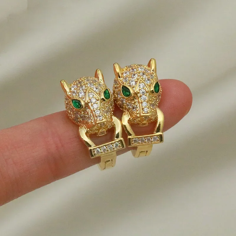 Fashion Brand Jewelry Full Crystal Leopard Stud Earrings Luxury Zirconia Animal Earrings for Women
