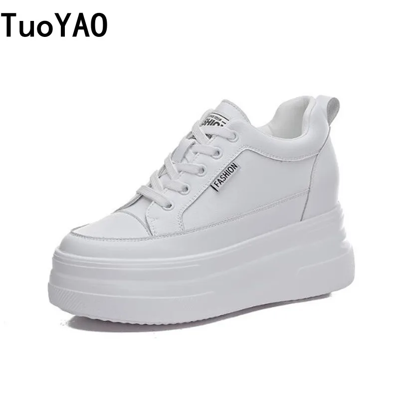 Spring Genuine Leather Platform Wedge Hidden Heel Luxury Comfortable Sneakers New Chunky Casual Women Fashion Lady White Shoes