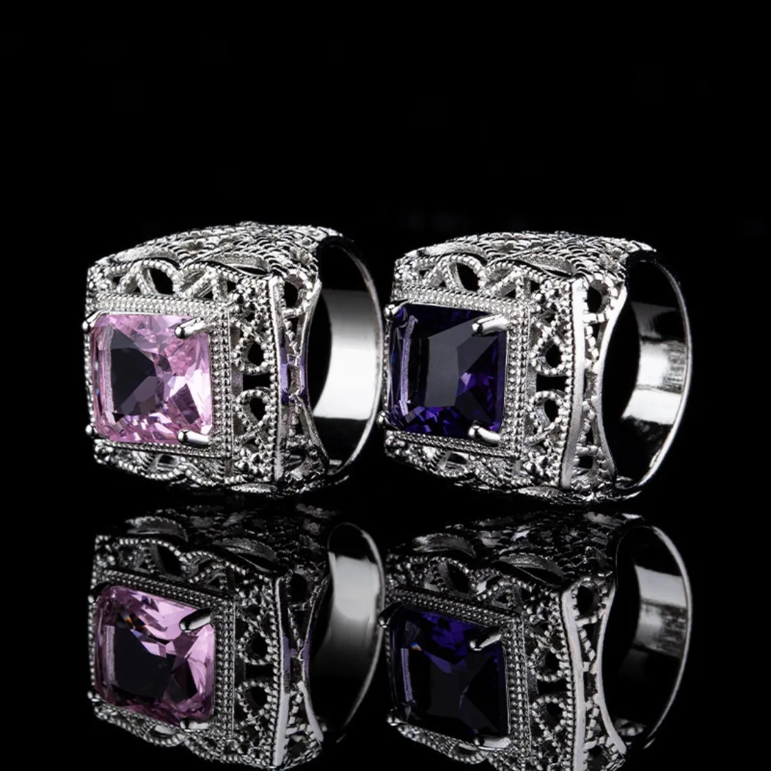 Vintage Hollow Out Square Purple Crystal Rings for Women Charms Hollow Out Pink Diamonds Ring Fashion Wedding Jewelry Gift