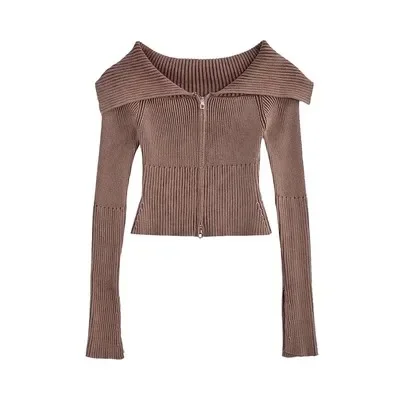 KUSAHIKI 2023 New Sexy Spicy Girl Y2K Knitwear Top Korea Chic Autumn Off Shoulder Strapless Double Zippers Slim Knitted Cardigan