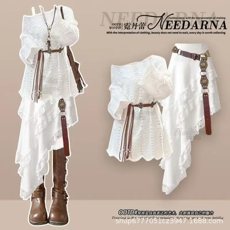 

Весенне-осенний модный повседневный вязаный топ + богемное белое платье, элегантный женский комплект из двух предметов