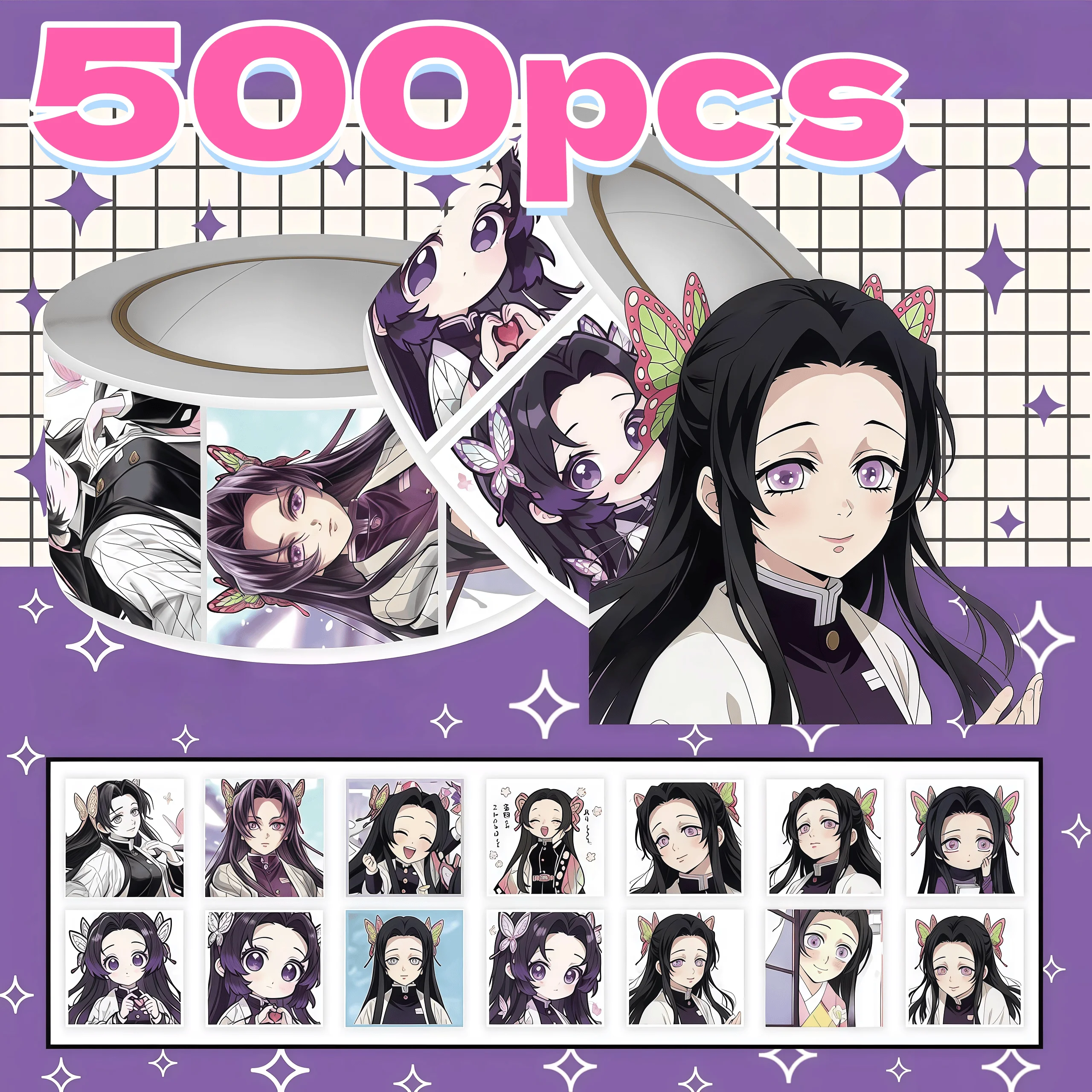 500Pcs Demon Slayer Shinobu Sticker Roll, Chibi Butterfly Anime Character Labels for Packaging Journal Fan Decor