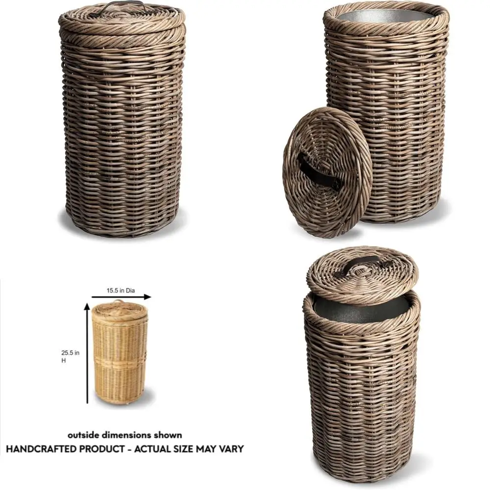 large grey wicker waste bin with metal lining, 15.5