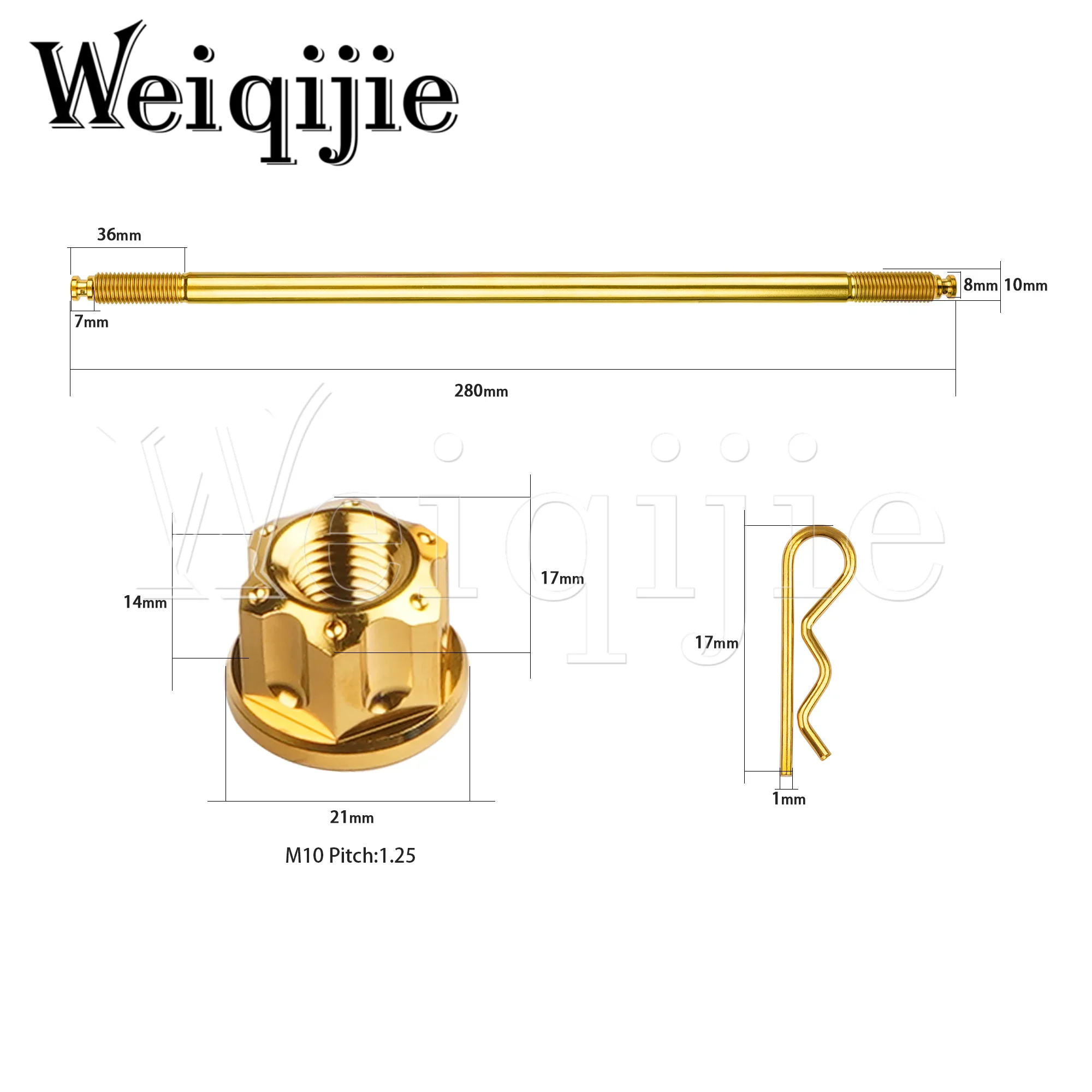 Weiqijie Titanium Bolt Front Axle Core M10 Length 280mm Pitch1.25mm for Motorcycle Front Axle Center Modification Accessories