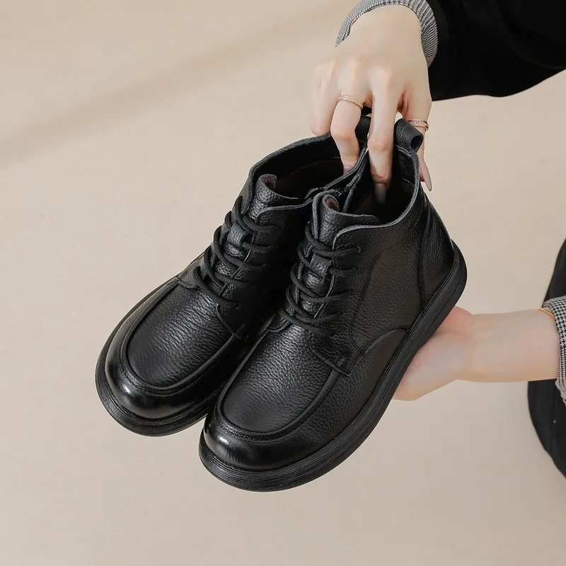 المرأة أسود/بني/أبيض بولي Leather الجلود منصة الدانتيل متابعة حذاء من الجلد للاستخدام اليومي أحذية الشتاء غير رسمية أحذية بوت قصيرة Q-120