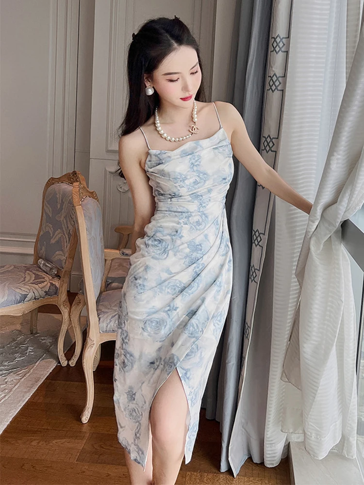 Women‘s French Holiday Dress Sweet Elegant Chiffon Satin Strap Backless Folds Slit Robe Femme Vacation Beach Party Vestidos Lady