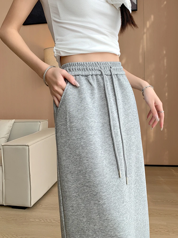 

Gray Asymmetrical Mid-Length Straight Cut Slim Fit Women's Skirt Spring Summer Thin Material Casual Sports Sweat Skirt