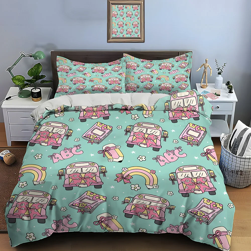 Colorful Cartoon School Background Bedding Set for Kids Luxury Gift 3pcs Digital Print Comforter Set Soft Comfortable Breathable