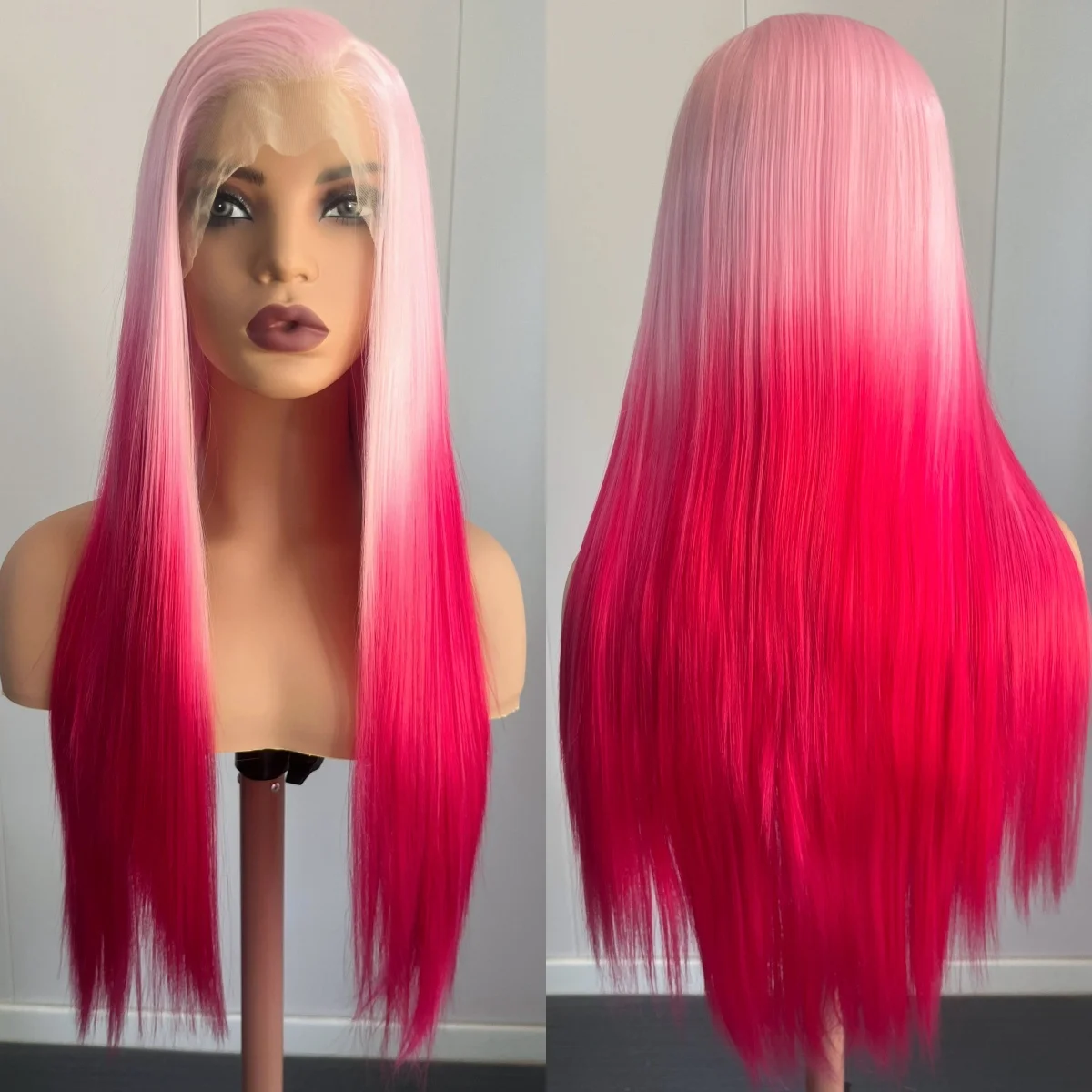 13x4 Synthetic Lace Front Wig Pastel Pink Bright Red Ombre Wig Long Silky Straight Heat Resistant for Women Daily Party Cosplay