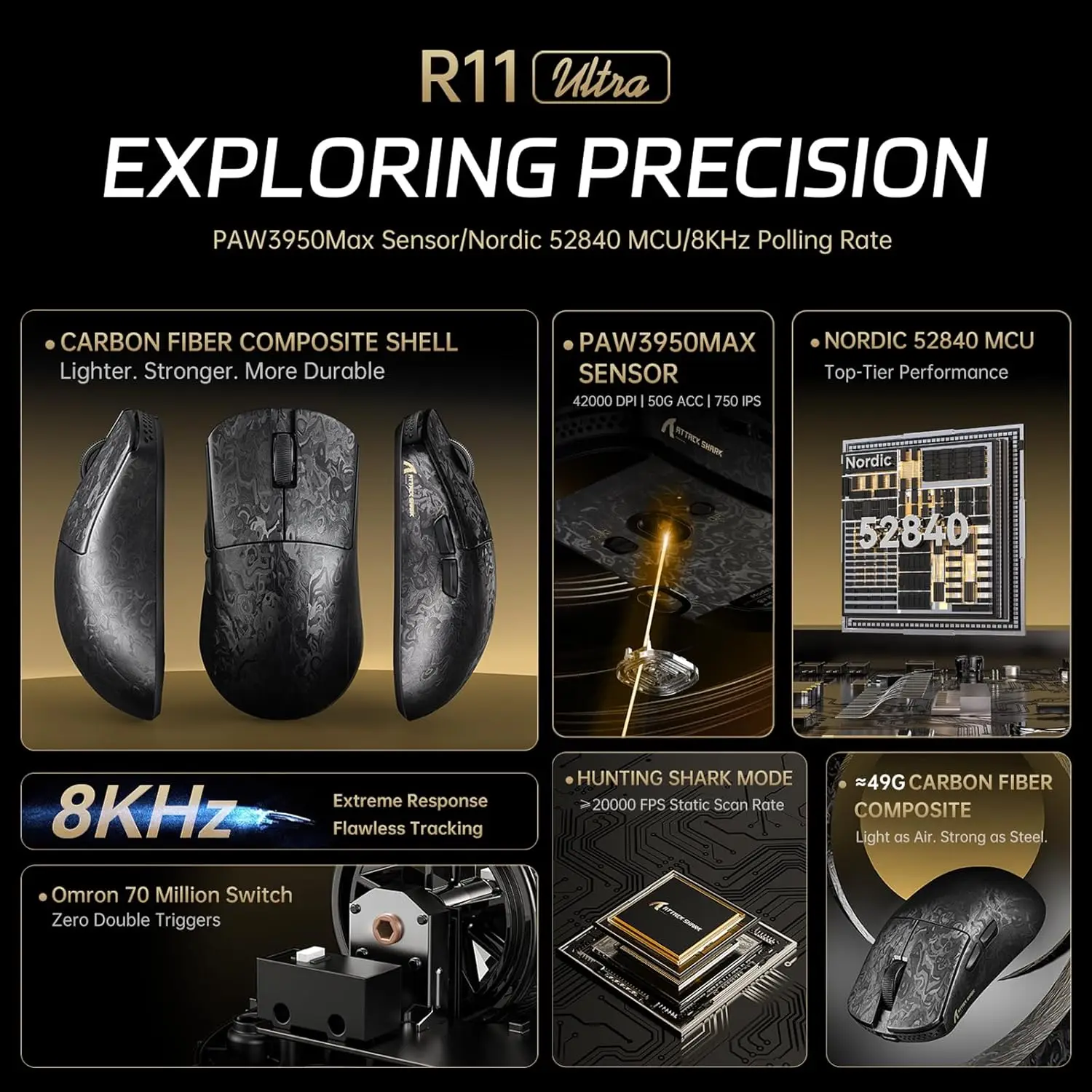 ATTACK SHARK R11 ULTRA 49g Carbon Fiber 8000Hz Wireless Gaming