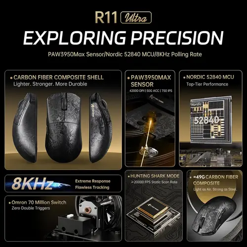 Imagen 2 del producto Ratón inalámbrico para juegos ATTACK SHARK R11 Ultra 8K de fibra de carbono con Sensor máximo de 42000 DPI-PAW3950-49g ligero, MCU nórdico 52840