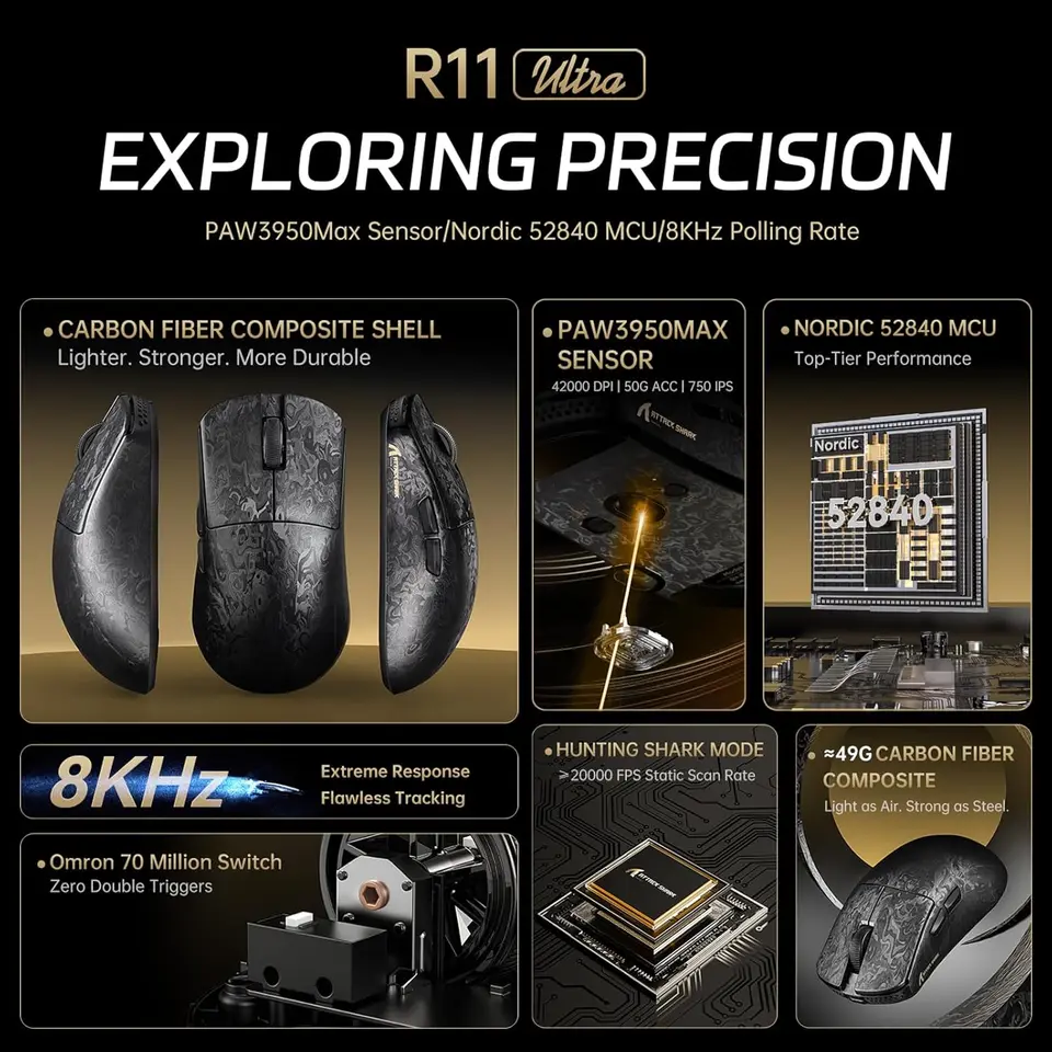 ATTACK SHARK R11 ULTRA 49g Carbon Fiber 8000Hz Wireless Gaming