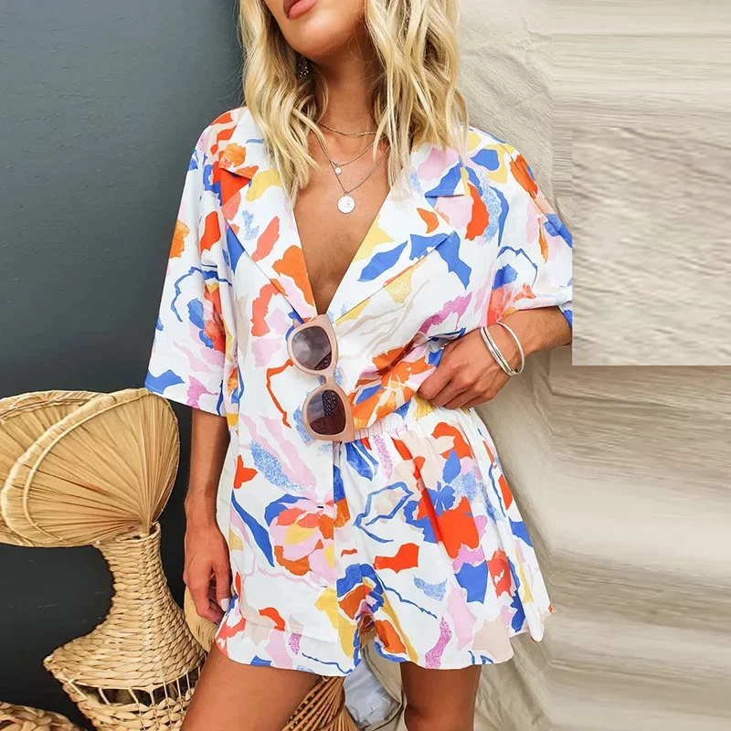 Summer Beach Holiday Tow Piece Set Women Casual Short Sleeve Flower Printed Button Shirt Cardigan Shorts Suit Female 2024