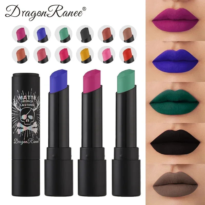 New 12 Colors Matte Lipsticks Waterproof Pink Black Blue Velvet Lipstick Long Lasting Makeup Lip Stick Halloween Cosmetics NEW