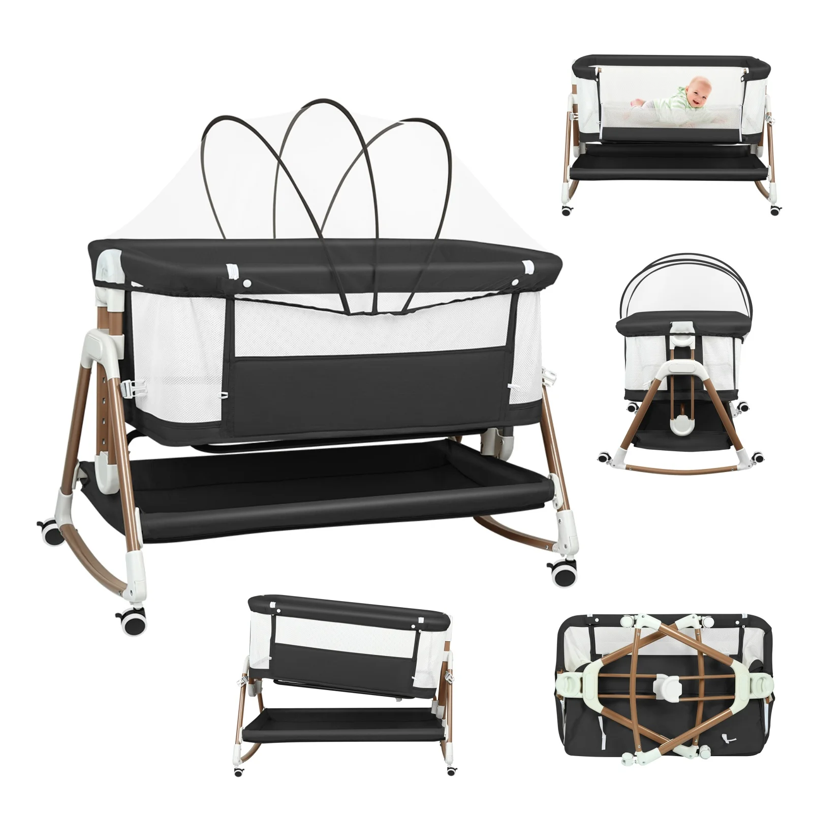 3-in-1 babybedje, babybedje, babyschuimstoeltje, babyreisbed met matras, wieg met 6 hoogte, wiegfunctie, ademend gaas