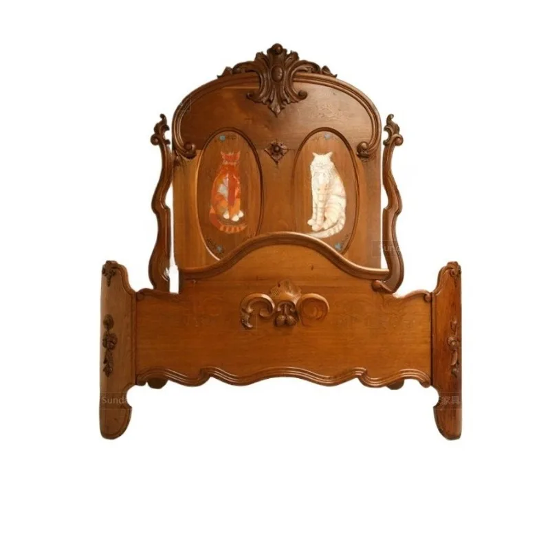 Vintage solid wood carving flower bed French painted cat high backrest princess bed master bedroom solid wood bed