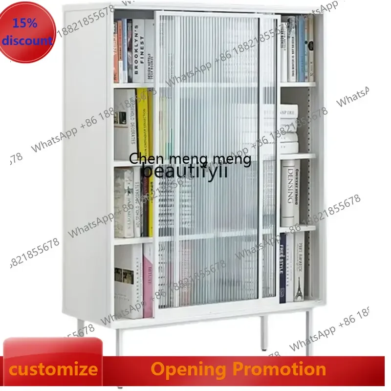 

ss7486 Nordic Multi-Functional Magazine Bookcase Wrought Iron Metal Glass Door Bookshelf Living Room Floor Storage Cabinet