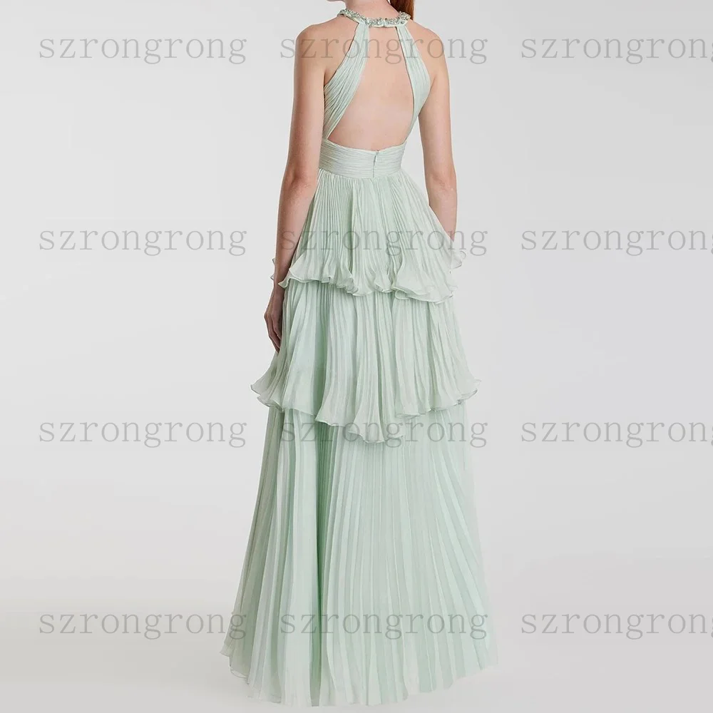 Robe de soirée trapèze personnalisée, longueur au sol, col rond, sans manches, mode cristal, Simple, drapée, dos nu, robe de soirée