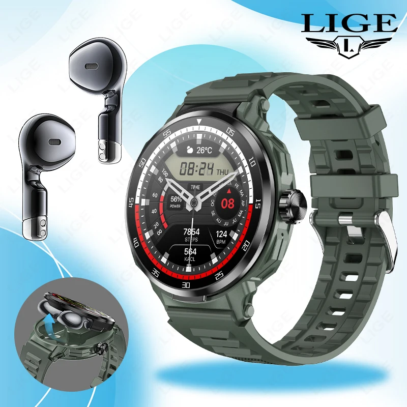 

LIGE Bluetooth Call Driving Bluetooth Earphones Smart Watch Sports Running Wireless Earphones Smart Watch Men's Waterproof Watch