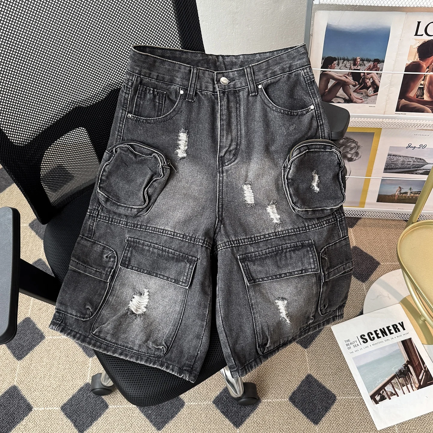 

Мужские джинсовые шорты свободного кроя с эффектом потертости, в рабочем стиле, из плотного денима, прямые, широкие, в стиле ретро, повседневные, летние