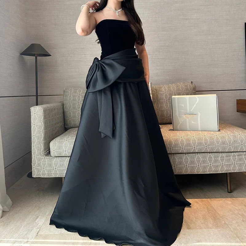 

Elegant Women Off Shoulder Slim Long Dress Black Bow Patchwork Evening Dress Fashion Strapless High Waist Formal Occasion Dress
