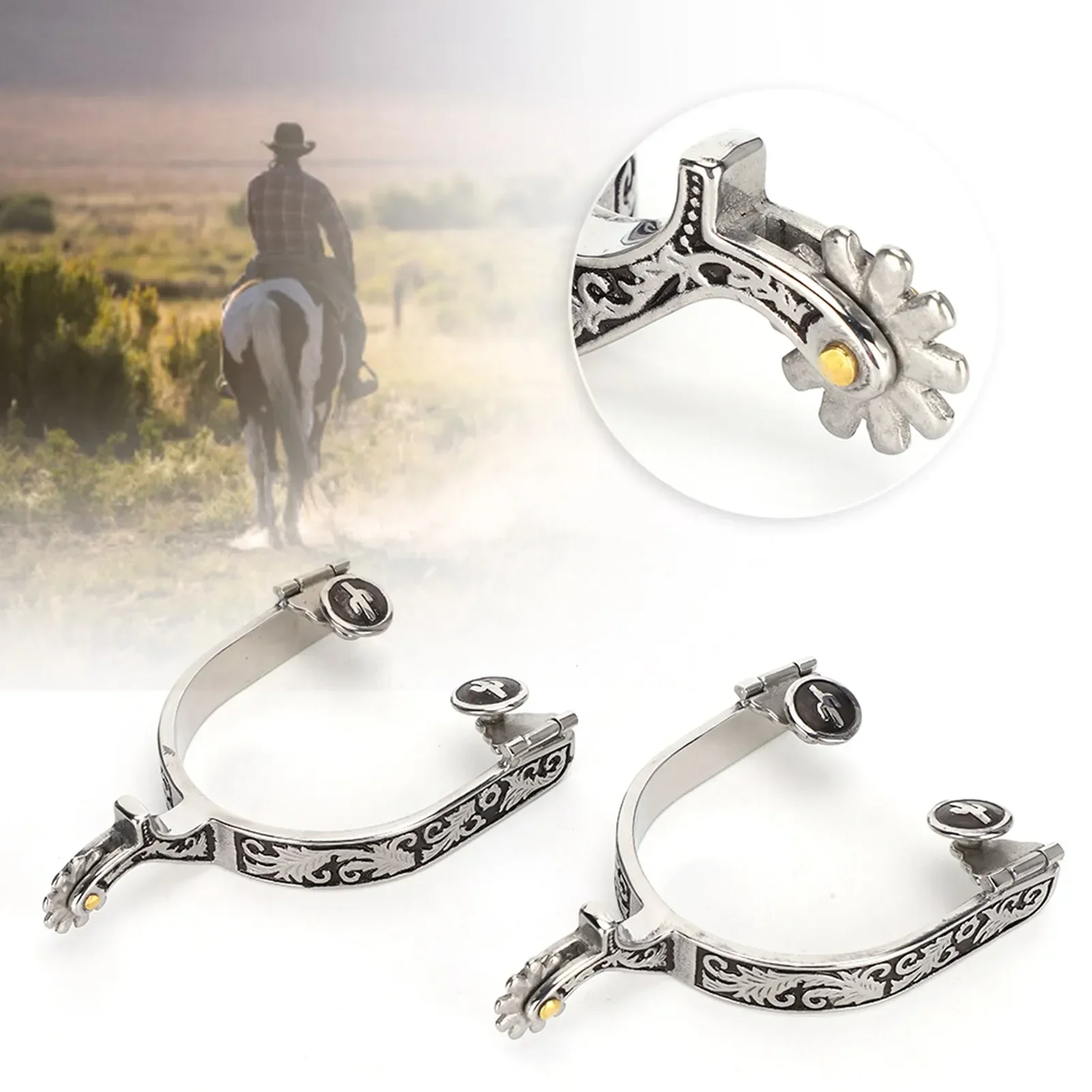 Stainless Steel West Cowboy Exquisite Pattern Horse Boot Spurs Decoration With Gear For Equestrian Competition Entertainment