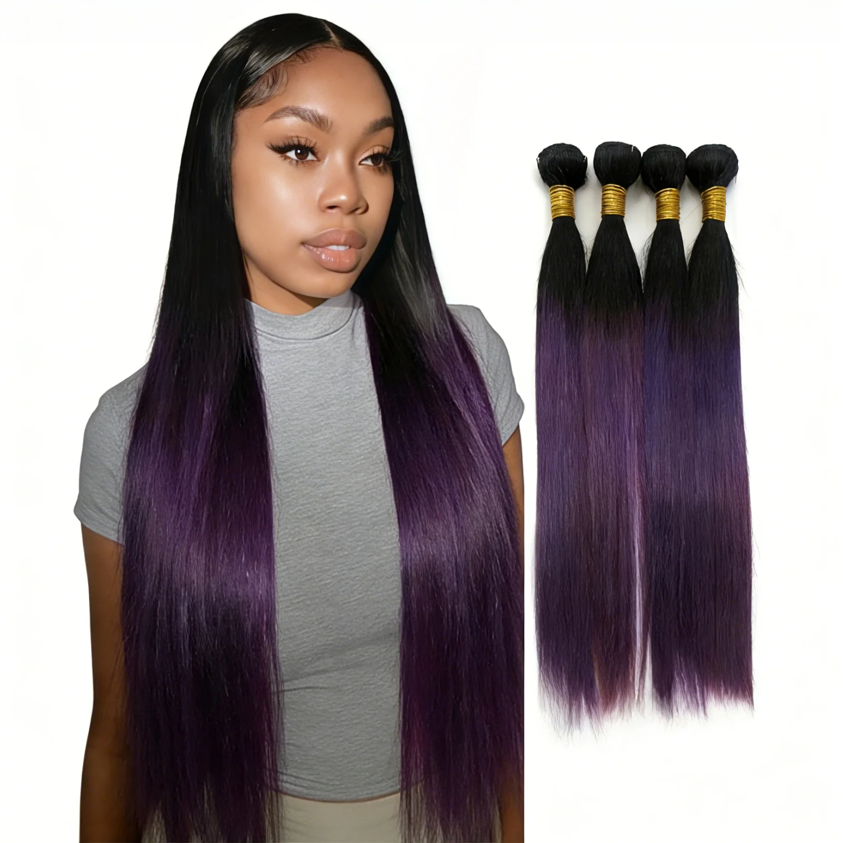 

12A Пучки человеческих волос 16-дюймовые прямые пучки человеческих волос 100% необработанные бразильские волосы Remy Virgin черные и фиолетовые