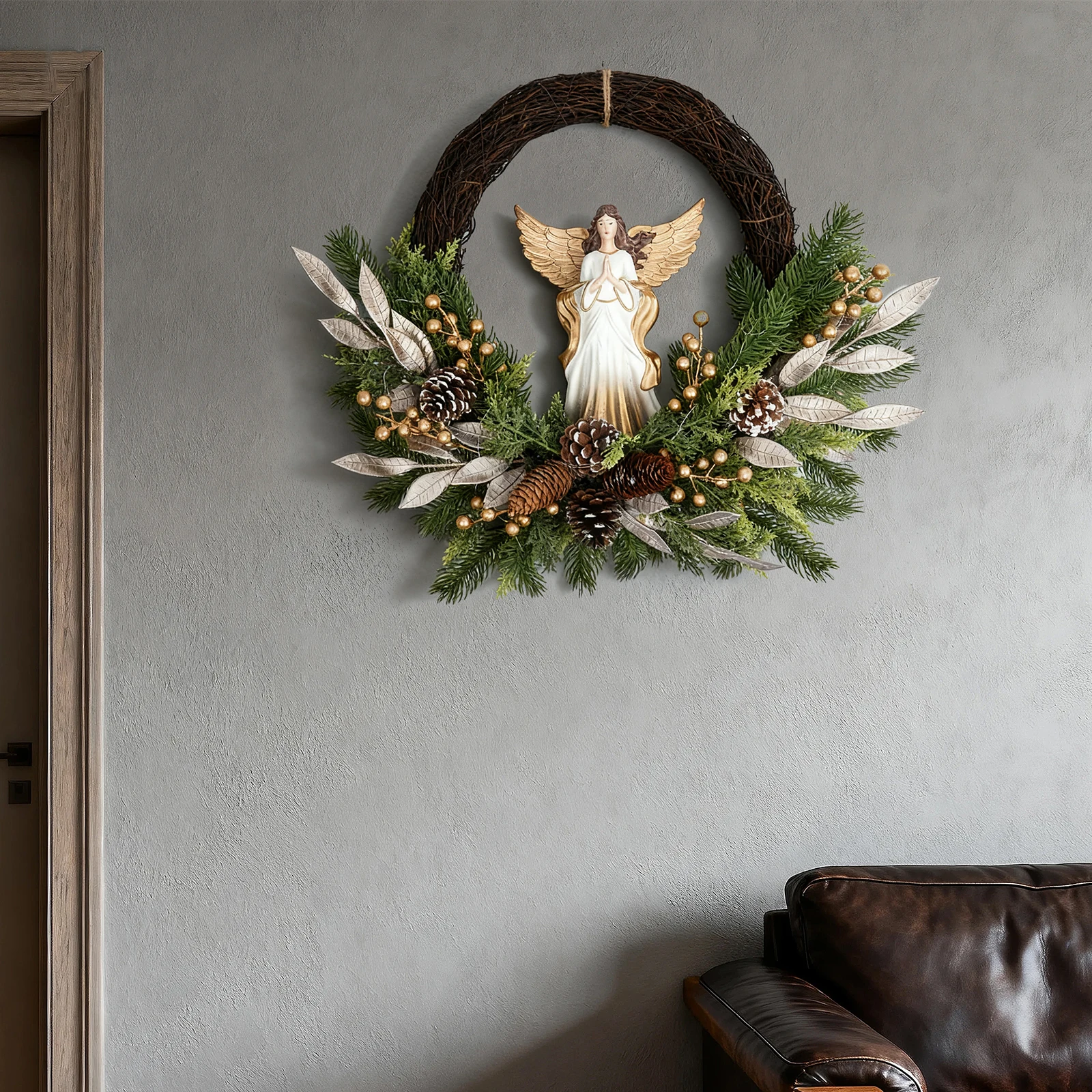 

Heavenly Christmas Angel Wreath with Pinecones, Elegant Holiday Decor for Front Door, Mantle, and Wall