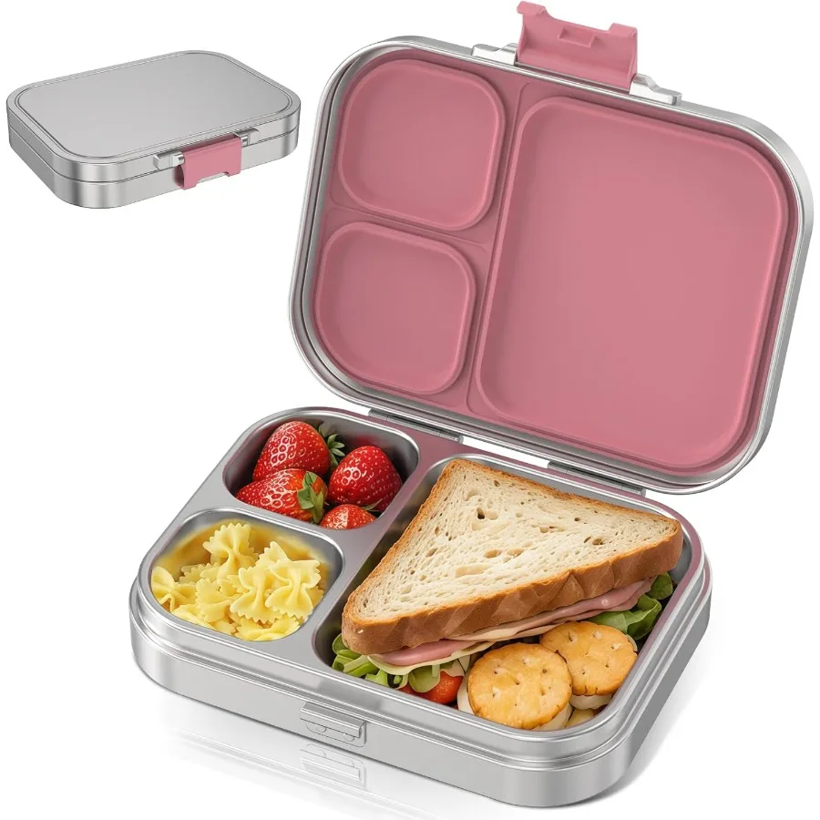 

Stainless Steel Bento Lunch Box Kids, 3 Compartments Metal Bento Box Container for Kids Adults, Leak-Proof Lunch Box for Office,
