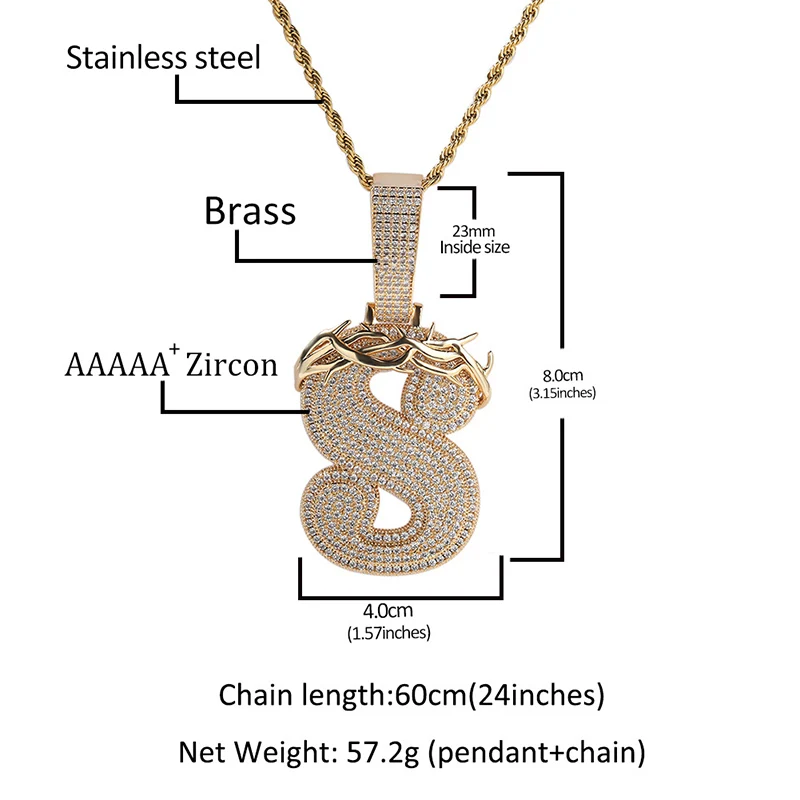 Hip Hop 5A+ CZ Stone Paved Bling Ice Out Big Thorn Letters Pendants Necklace for Men Women Rapper Jewelry Rose Gold Silver Color