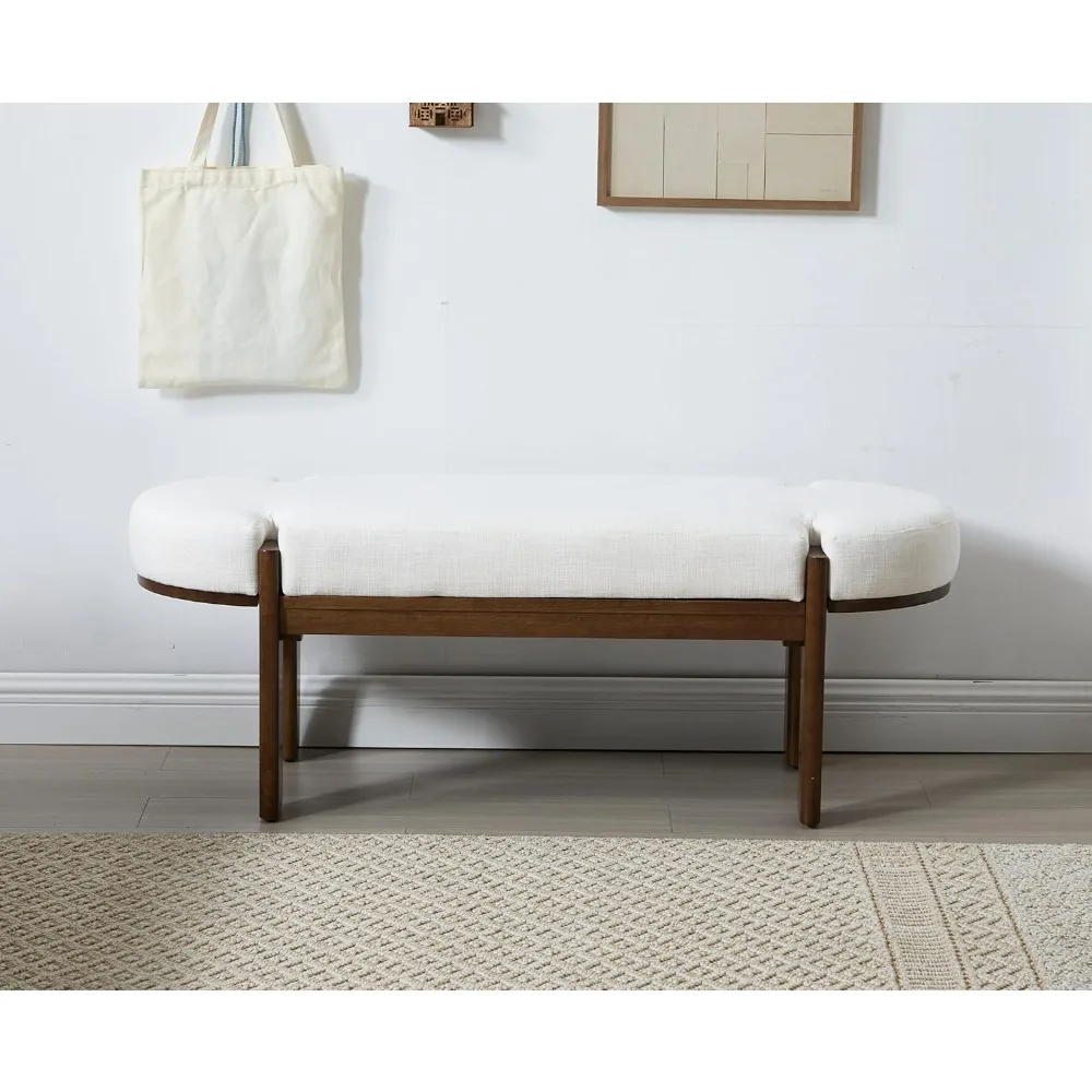 مقعد غرفة نوم حديث مقاس 49 بوصة، نهاية منجدة من مقعد السرير، مقعد مدخل خشبي مع مقعد مبطن من الكتان وأرجل خشبية من خشب الجوز #3