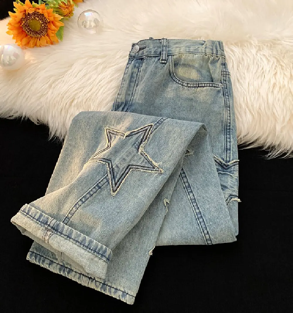 

American Style High Street Star Jeans Men Women Spring Autumn High Waisted Straight Leg Pants Loose Versatile Wide Leg Pants