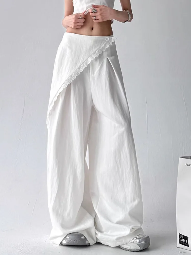 BJTZ الدانتيل حافة التطهير 2025 الربيع الصيف النساء عالية الخصر ضئيلة الربط مستقيم الساق عادية فضفاض معلقة السراويل وهمية قطعتين