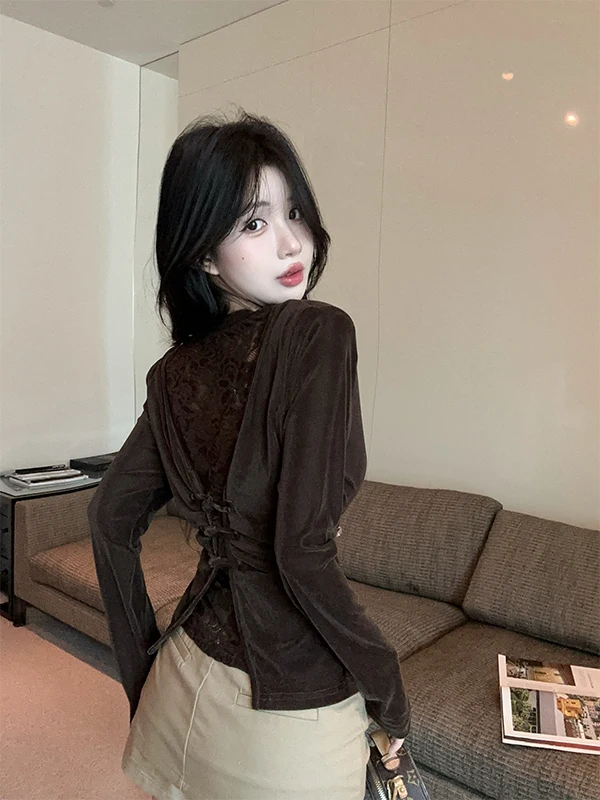 

Autumn Winter Lace Back Design Sensation Slimming Velvet Long Sleeve Women's T-shirt Korean Style Commute Fashion Base Shirt