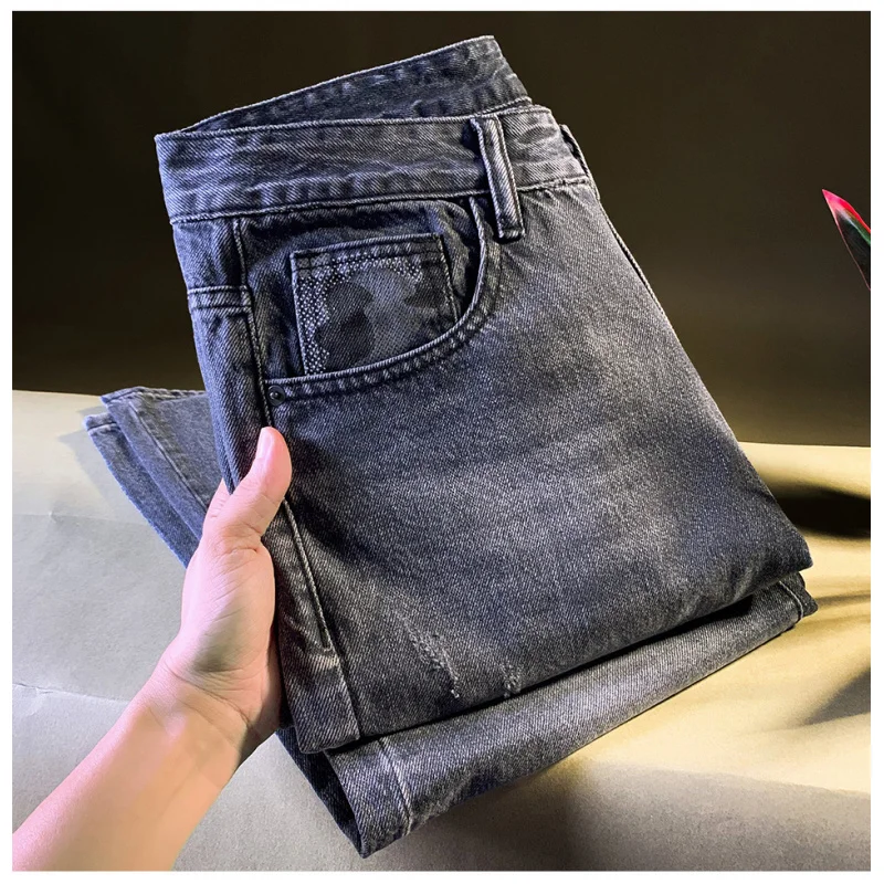 ライトラグジュアリーファッションストレートレッグルーズジーンズメンズ2025秋新作ポケットプリントウォッシュドアメリカンカジュアルワイドレッグパンツ