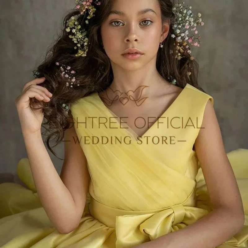 2025년 플라워 걸 드레스, 리본 장식, 어린이용 노란색 드레스, 여자아이 생일 드레스, 새틴 의류, 무대 의상, 맞춤 제작