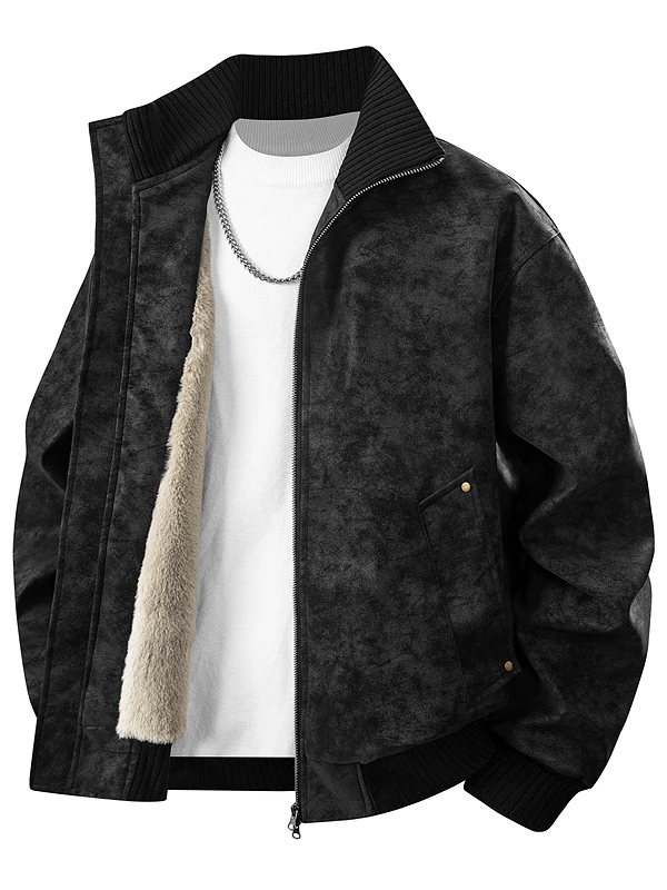 

Men's PU Leather Jaet Stand Collar Thiened Warm Waist-Cinching Winter Coat Zipper Closure Long Sve Youth Faion