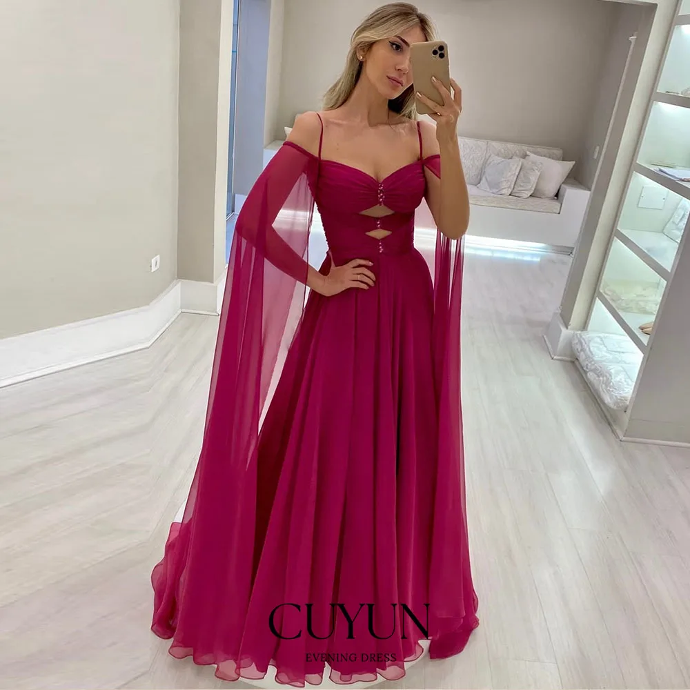 

CUYUN шикарные женские платья для выпускного вечера на тонких бретельках трапециевидное шифоновое вечернее платье с открытыми плечами ажурное плиссированное вечернее платье