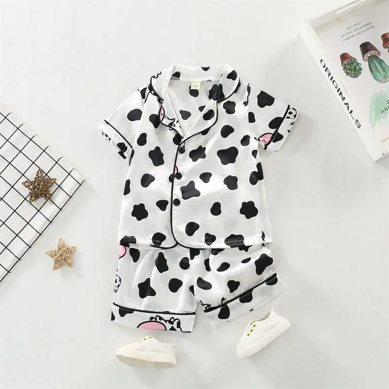 Boys Girls Kids Pajama Sets Cartoon Cow Short Sleeve T-Shirt Tops with Pants Toddler Baby Sleeping Clothes Pijamas Sleepwear