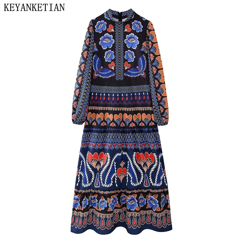 

KEYANKETIAN 2024 New Launch Ethnic style Exotic Print Dress Women's Lantern Sleeve Tiered Ruffles Loose Ankle-length MIDI Dress