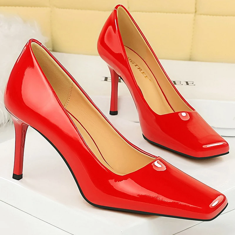 BIGTREE Shoes Square Toe Women Pumps Patent Leather High Heels Stilettos Career Office Shoes Sexy Party Shoes Women Heels 8.5cm