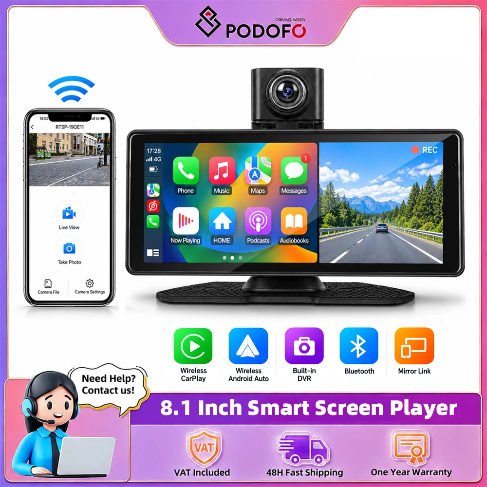 Podofo, schermo digitale da 8,1 pollici, sistema di infotainment wireless con Carplay e Android Auto, lettore multimediale portatile, schermo HD, autoradio, DVR da 2,5K per auto, camion e furgoni,
