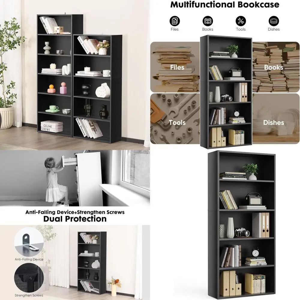 

Large 53 Tall 5-Tier Open Bookshelf, Classic Black, for Home, Office, and Bedroom Storage