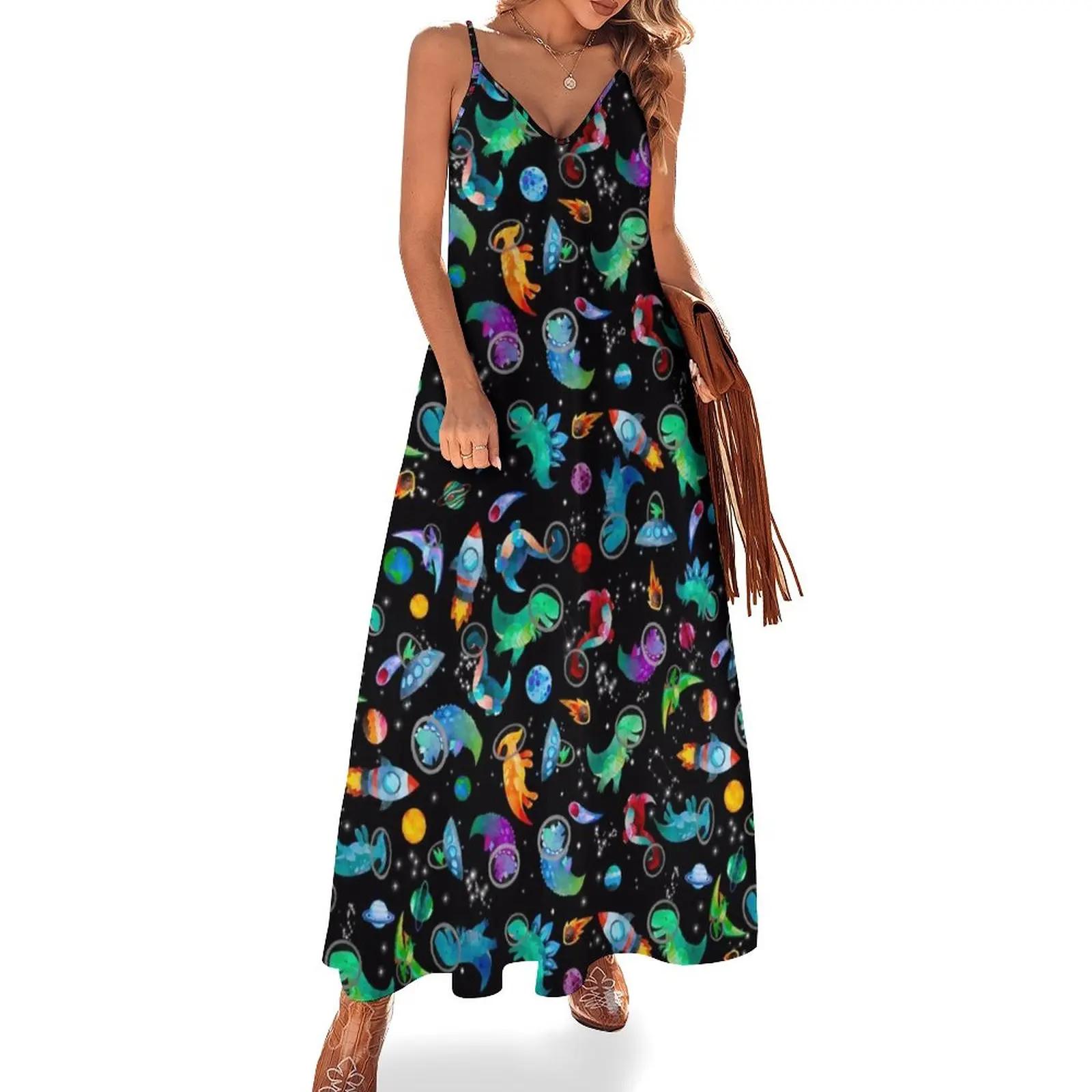 

Watercolor Space Dinosaurs Galaxy Pattern Sleeveless Dress women clothes Summer skirt