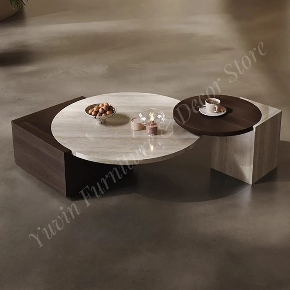 Modern Minimalist Light Luxury Wabi-Sabi Cave Stone Pattern Living Room Round Coffee Table Set Multifunction Easy to Clean