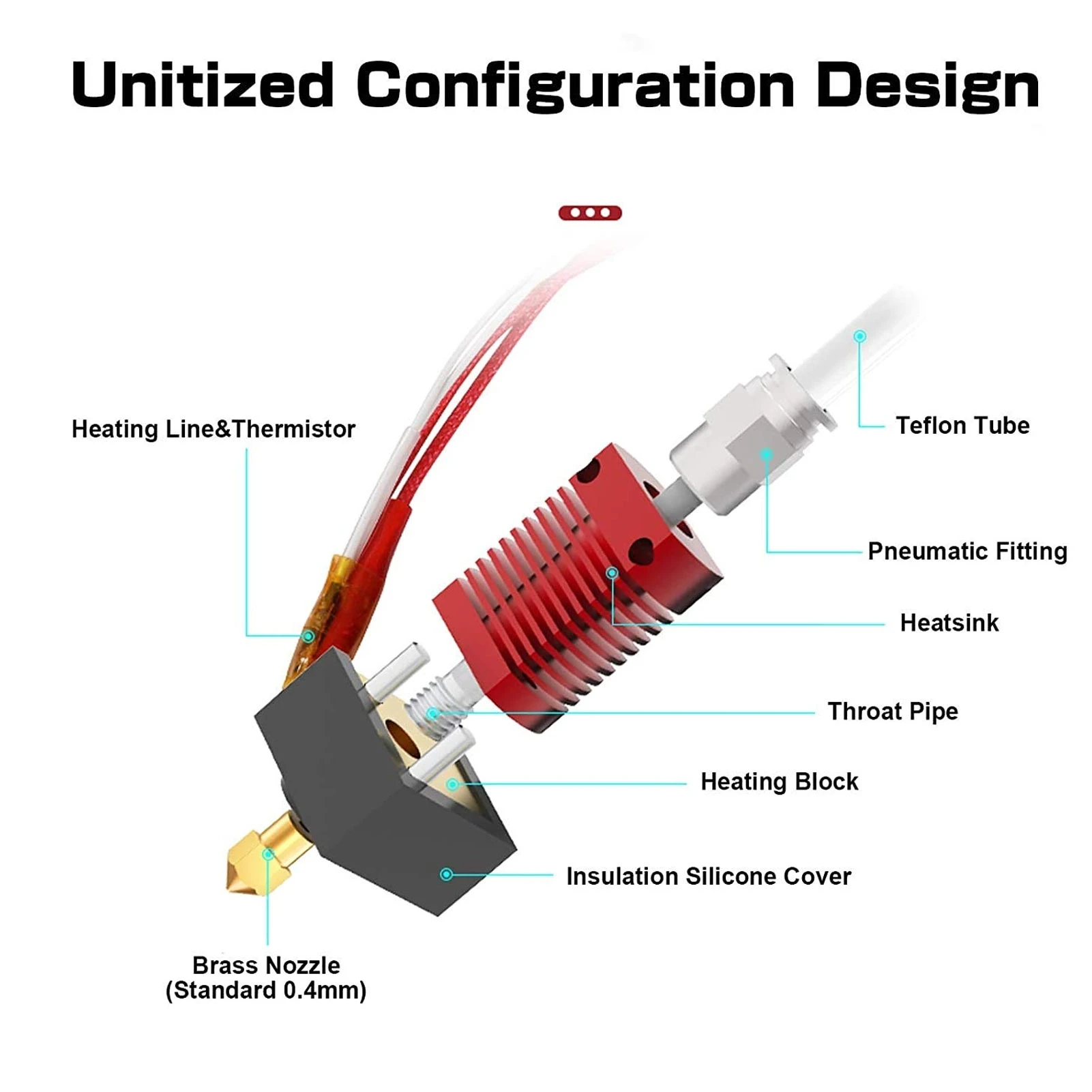 Assembled Hotend Kit for Ender 3 with Pneumatic Fittings Thermistor Heating Element MK8 Nozzle