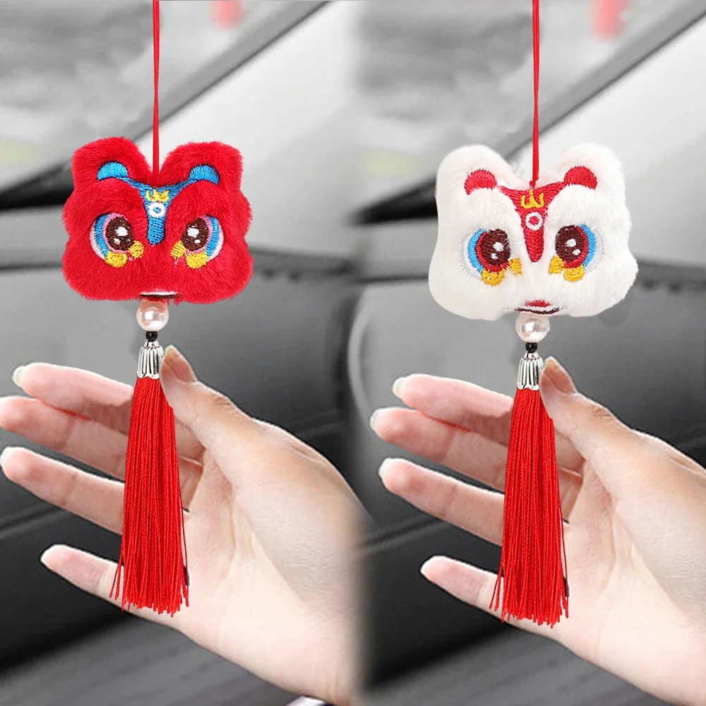 Dancing Lion Pendant Car Rearview Mirror Chinese Style Plush Lion Dance Tassel Pendant Zodiac Tiger Doll Car Interior Decoration