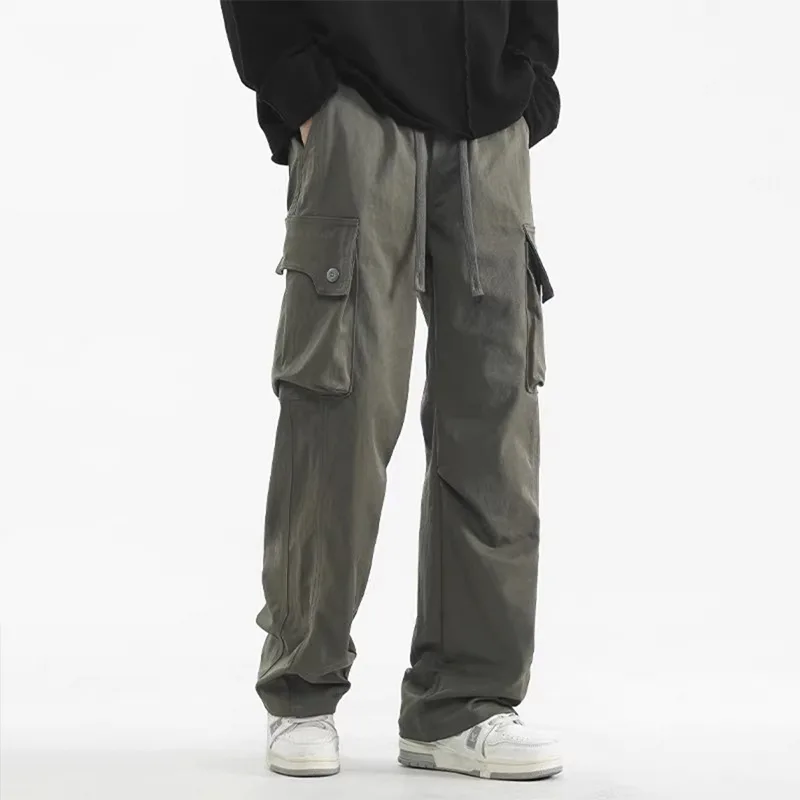 Overalls men's 2025 new loose straight wide-leg casual cargo pants American senior feeling ruffian handsome teen long pants