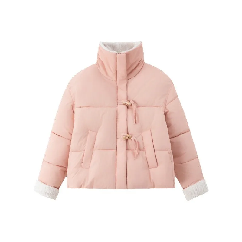 KIDCRKJ 2025 Winter Women's Padded Jacket Female Woole Collar Lapel Casual Short Cotton Jacket Casual Contrast Lady Parka Coats